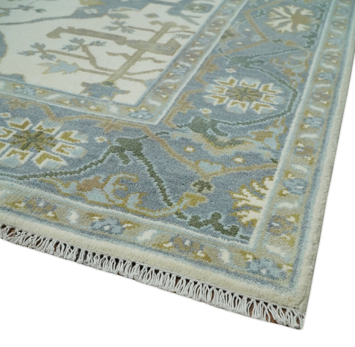 Hand Knotted Oriental Oushak Ivory, Charcoal and Beige Wool Area Rug