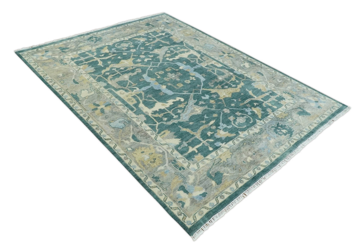 Hand Knotted Oriental Oushak Teal and Beige Multi Size Wool Area Rug