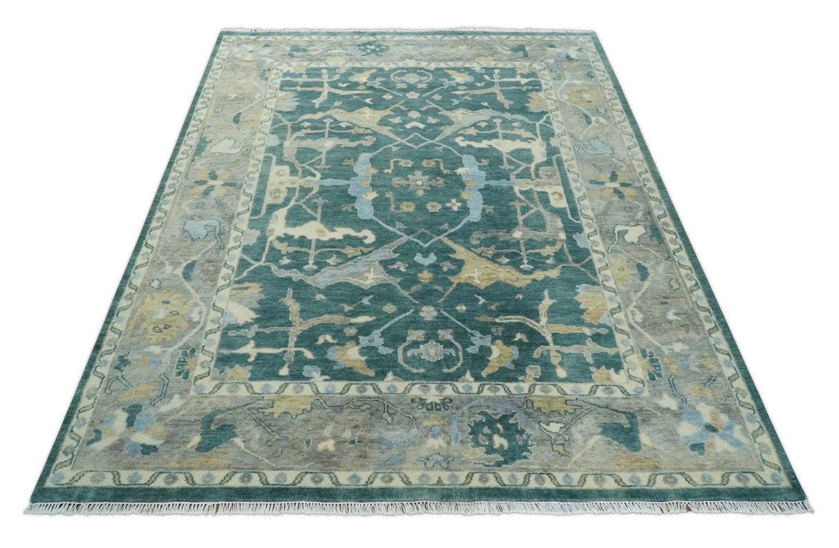 Hand Knotted Oriental Oushak Teal and Beige Multi Size Wool Area Rug