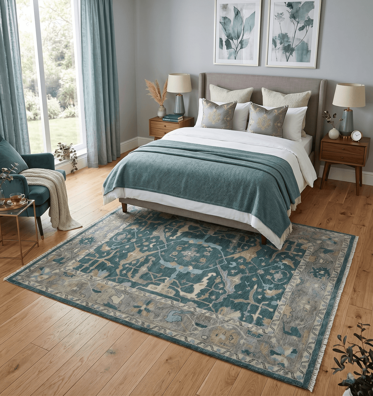 Hand Knotted Oriental Oushak Teal and Beige Multi Size Wool Area Rug