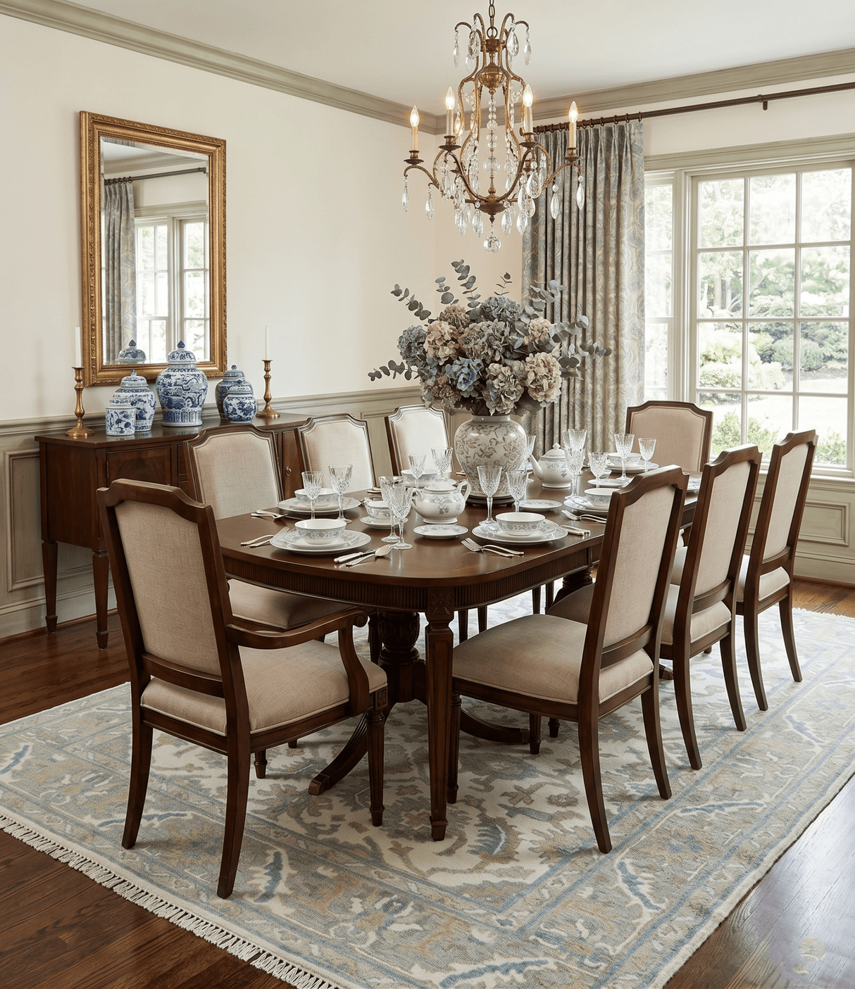 Hand Knotted Oriental Oushak Teal, Ivory and Beige Custom Made Wool Area Rug