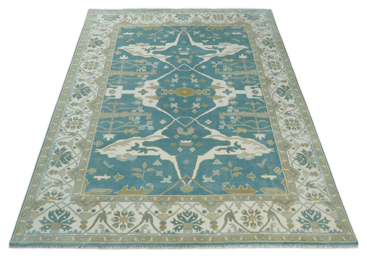 Hand Knotted Oriental Oushak Teal, Ivory and Beige Wool Area Rug