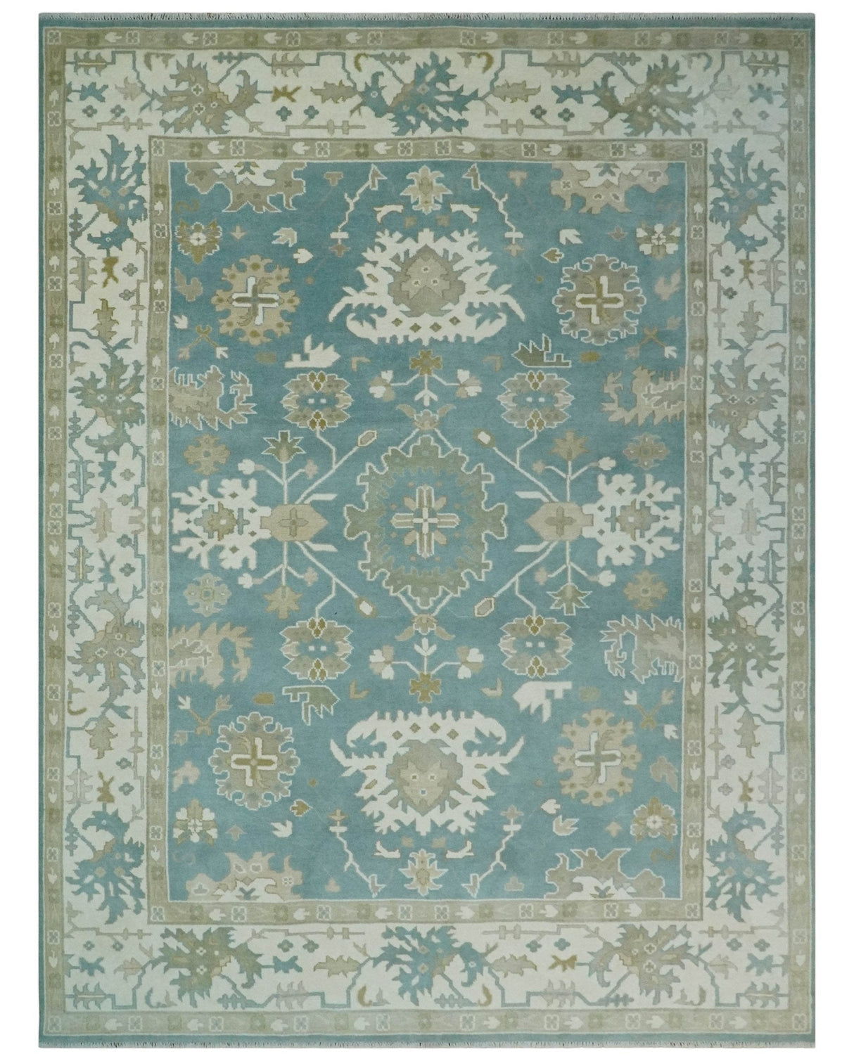 Hand Knotted Oriental Oushak Teal, Ivory and Beige Wool Area Rug