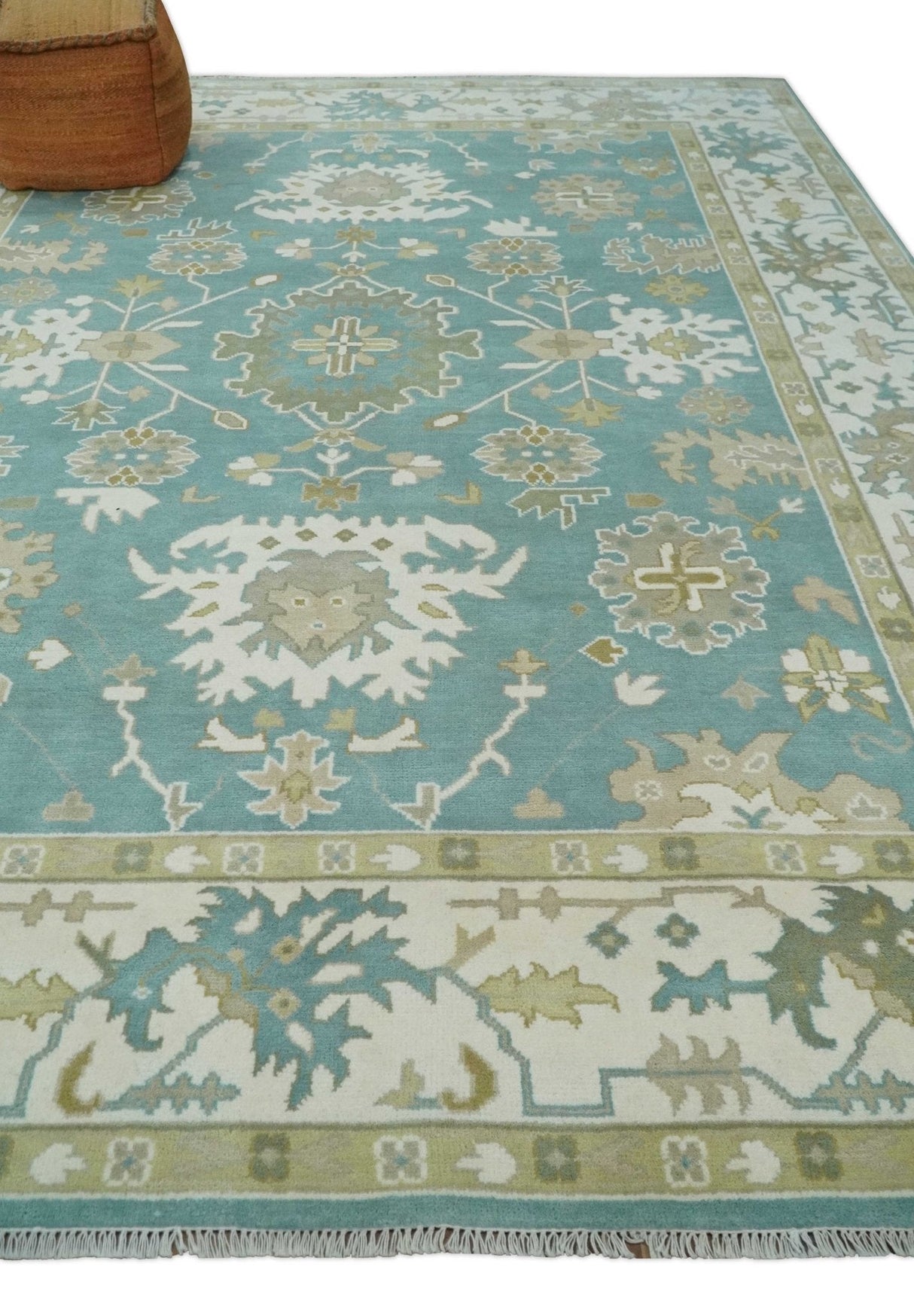 Hand Knotted Oriental Oushak Teal, Ivory and Beige Wool Area Rug