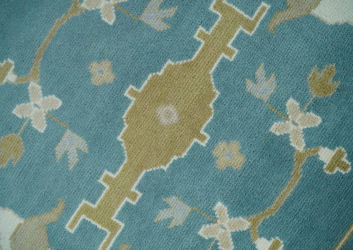 Hand Knotted Oriental Oushak Teal, Ivory and Beige Wool Area Rug