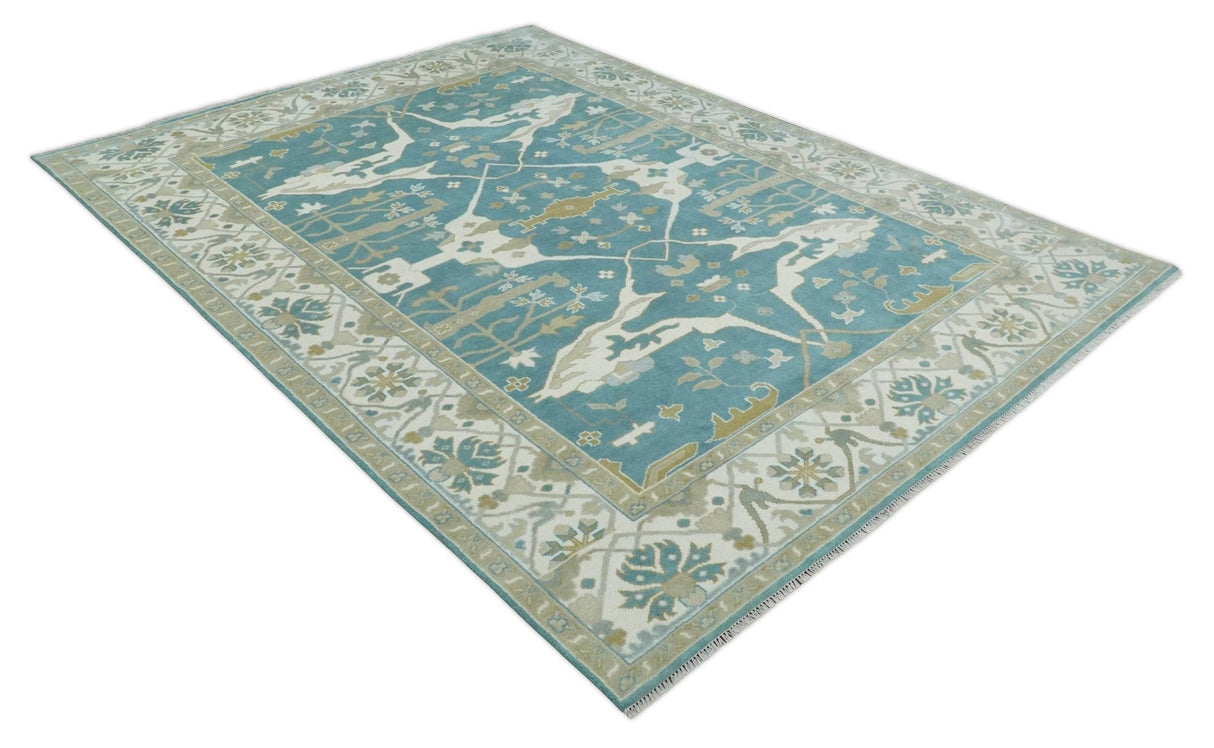 Hand Knotted Oriental Oushak Teal, Ivory and Beige Wool Area Rug