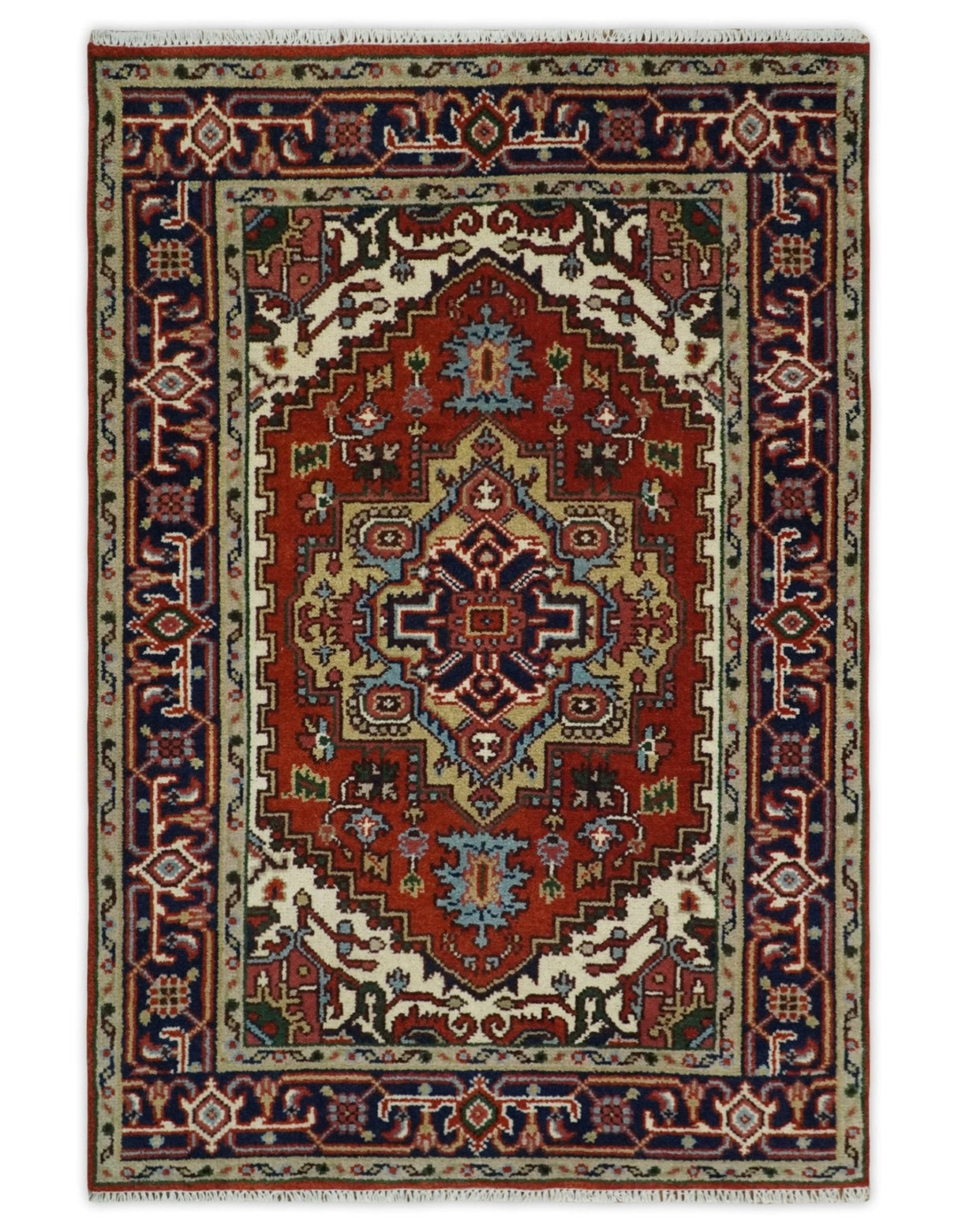 Hand Knotted Red, Ivory and Blue Traditional Heriz Multi size Wool Area Rug