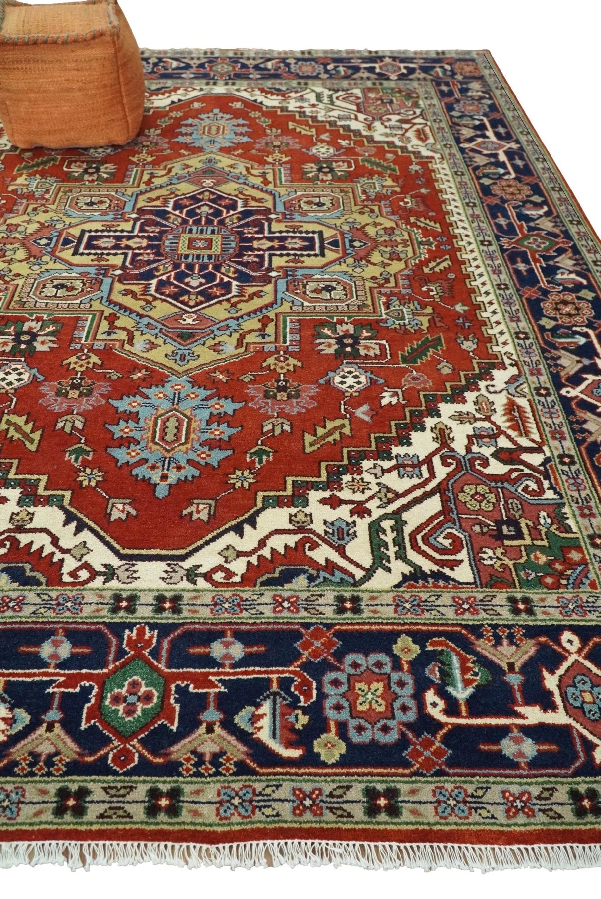 Hand Knotted Red, Ivory and Blue Traditional Heriz Multi size Wool Area Rug