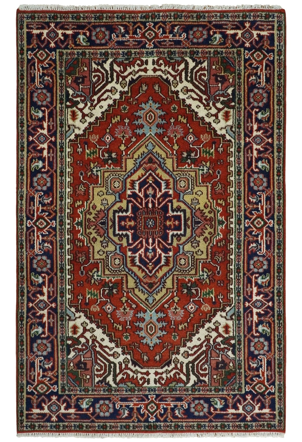 Hand Knotted Red, Ivory and Blue Traditional Heriz Multi size Wool Area Rug