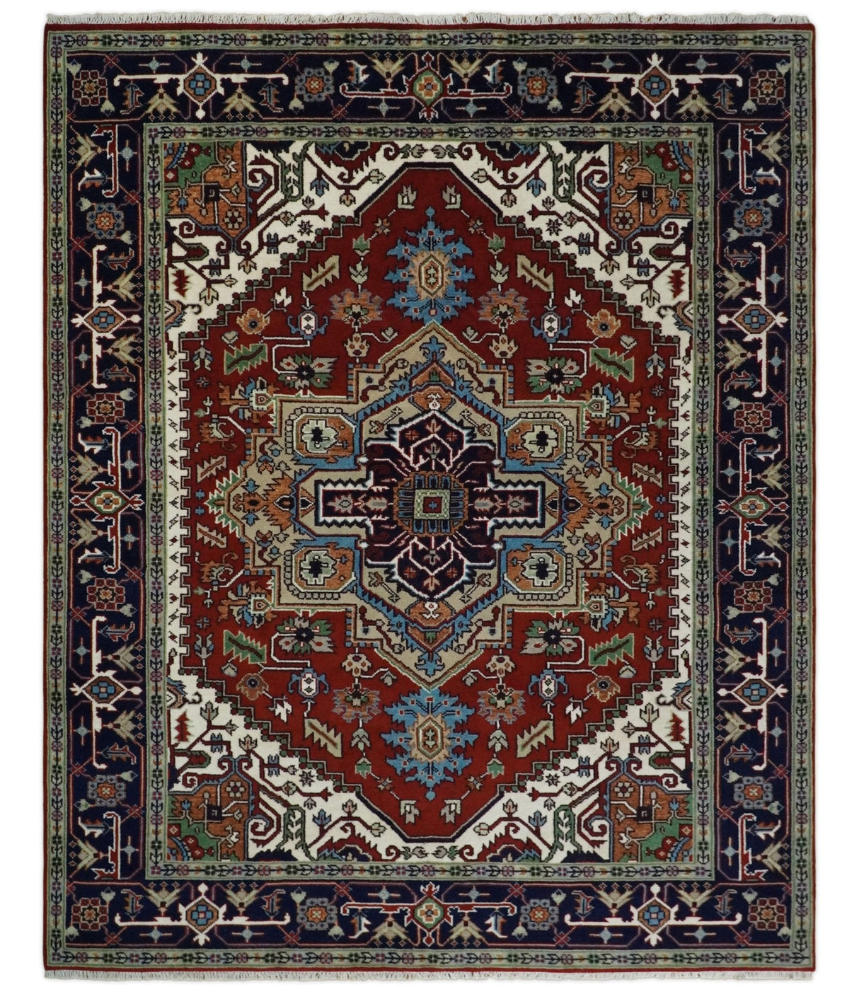 Hand Knotted Red, Ivory and Blue Traditional Heriz Multi size Wool Area Rug