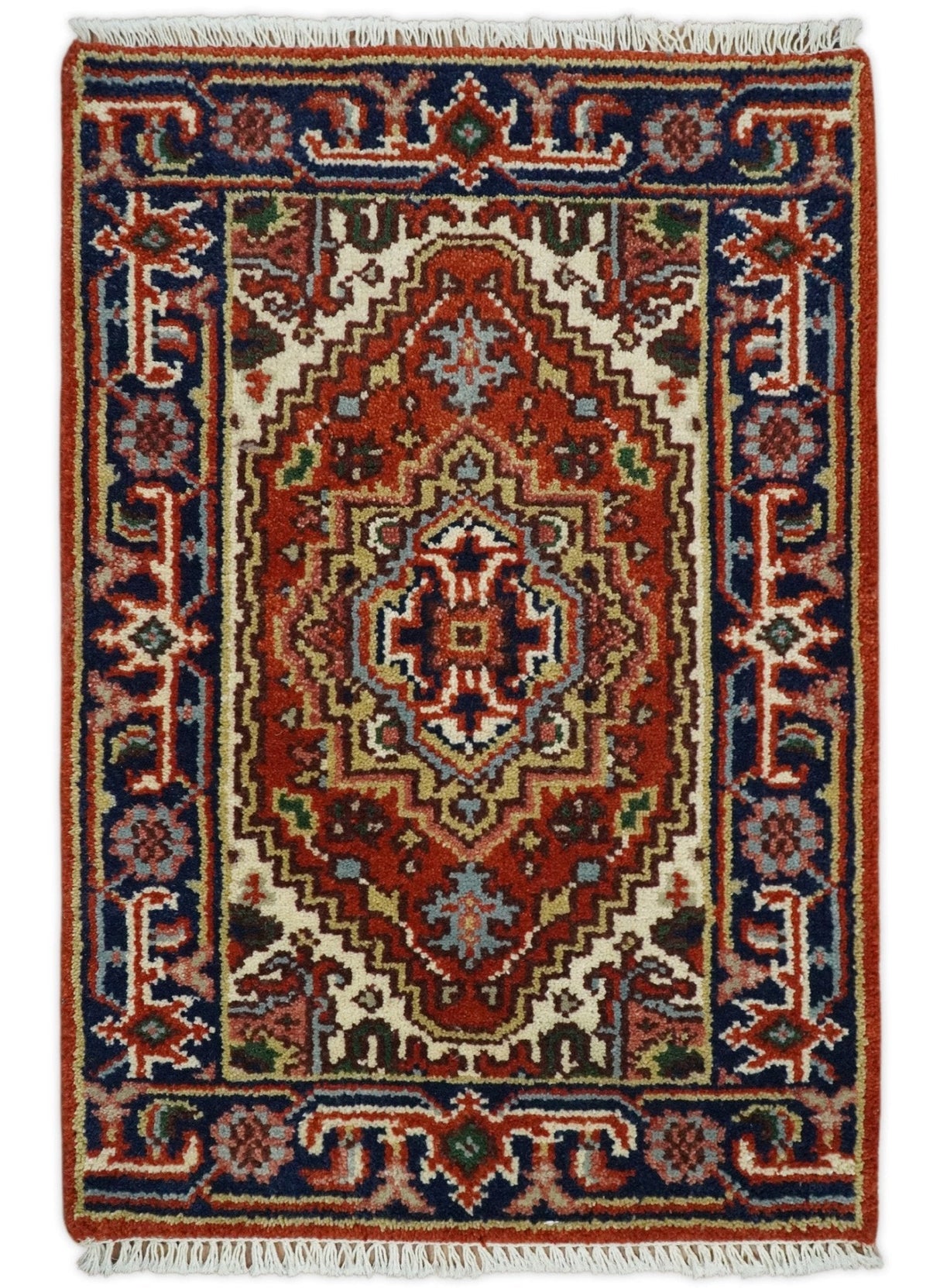 Hand Knotted Red, Ivory and Blue Traditional Heriz Multi size Wool Area Rug