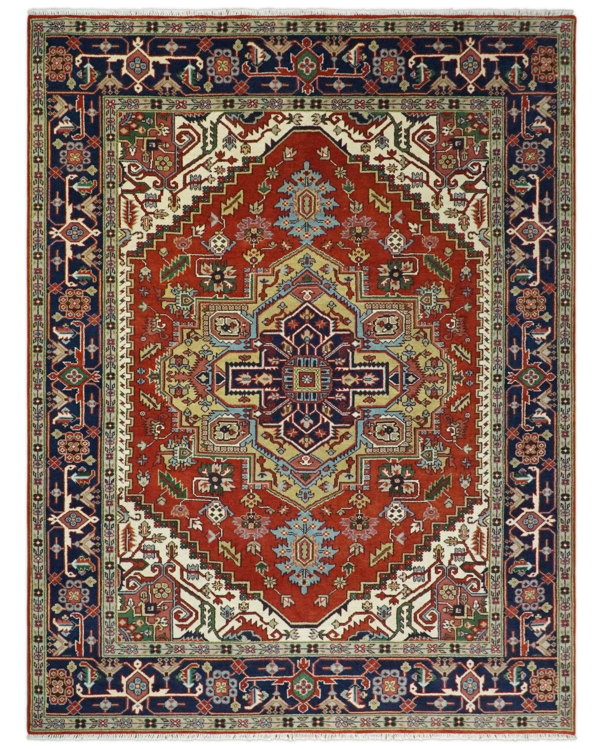 Hand Knotted Red, Ivory and Blue Traditional Heriz Multi size Wool Area Rug