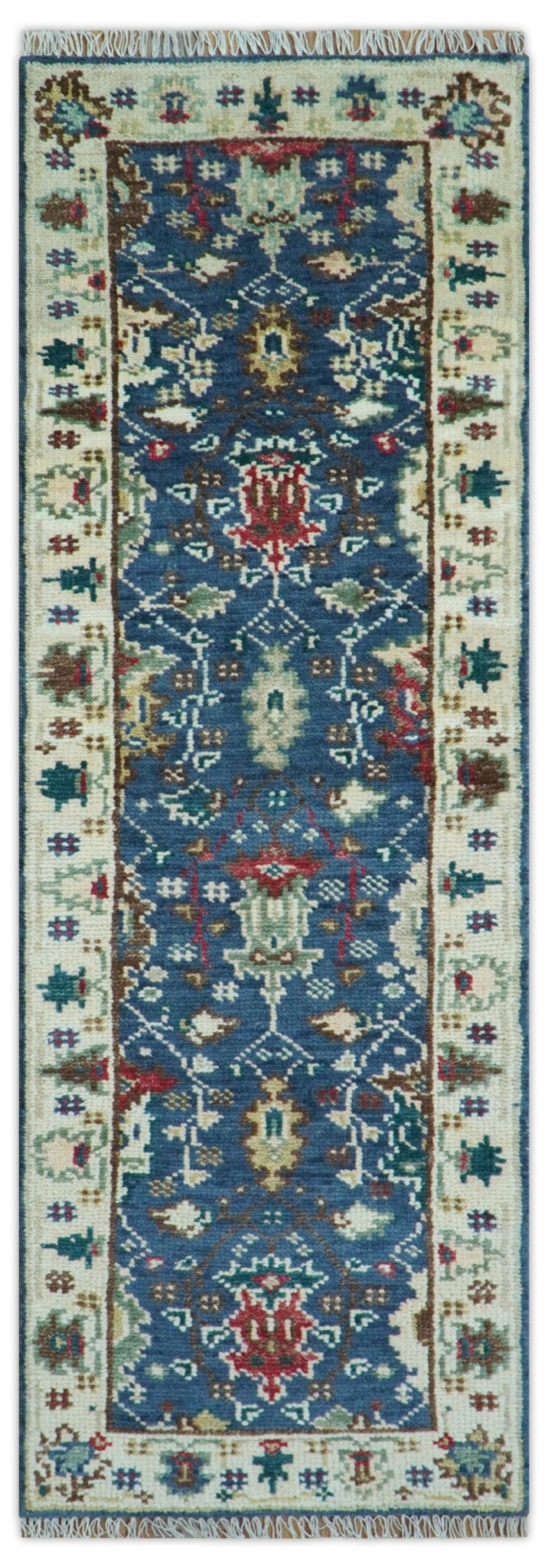 Hand knotted Runner 2.6x8 Blue And Ivory Traditional Design Wool Rug