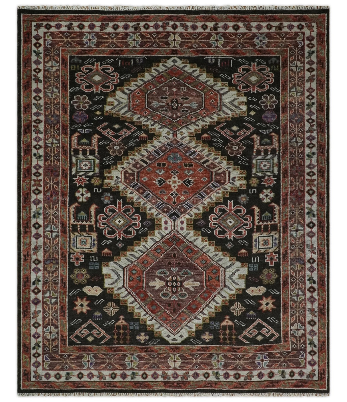 Hand Knotted Rust and Black Traditional Multi Size Wool Area Rug