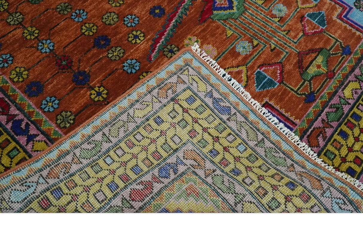 Hand Knotted Rust and Blue Traditional Floral Multi Size Wool Area Rug