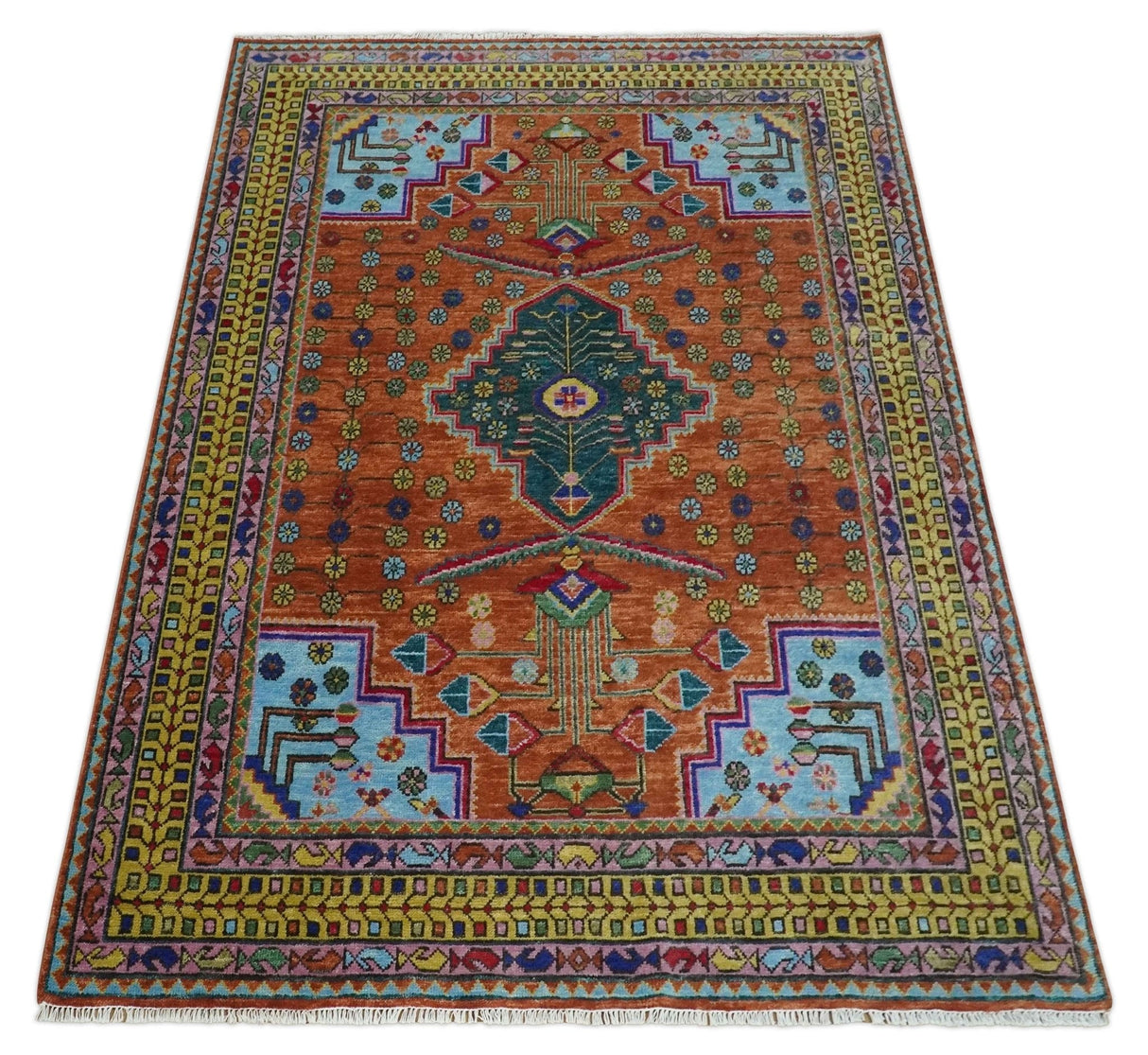 Hand Knotted Rust and Blue Traditional Floral Multi Size Wool Area Rug