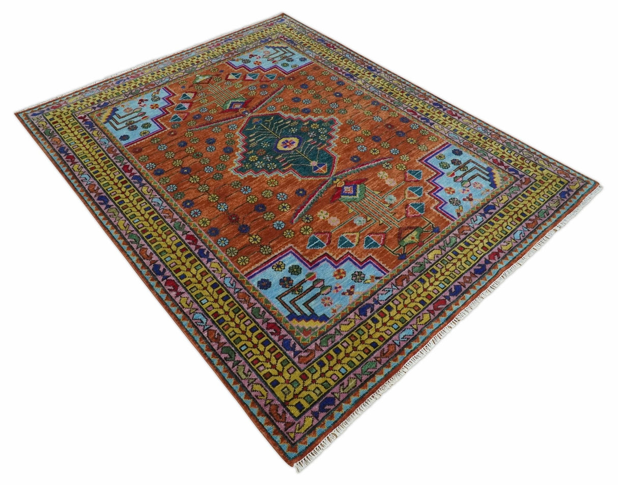 Hand Knotted Rust and Blue Traditional Floral Multi Size Wool Area Rug