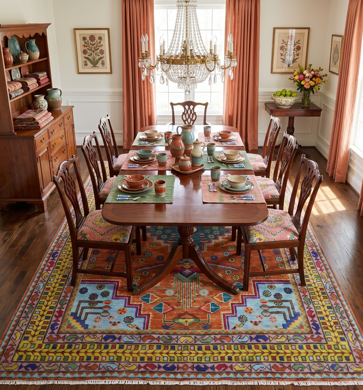 Hand Knotted Rust and Blue Traditional Floral Multi Size Wool Area Rug