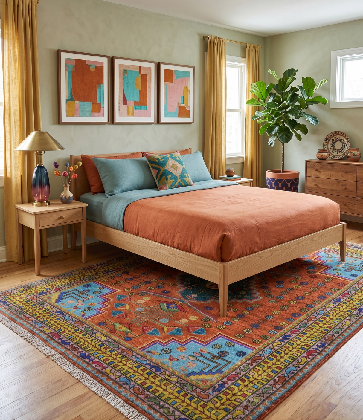 Hand Knotted Rust and Blue Traditional Floral Multi Size Wool Area Rug