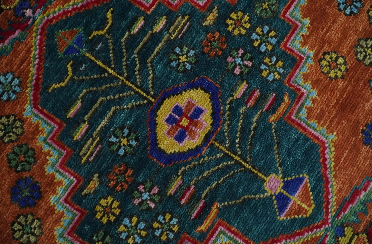 Hand Knotted Rust and Blue Traditional Floral Multi Size Wool Area Rug