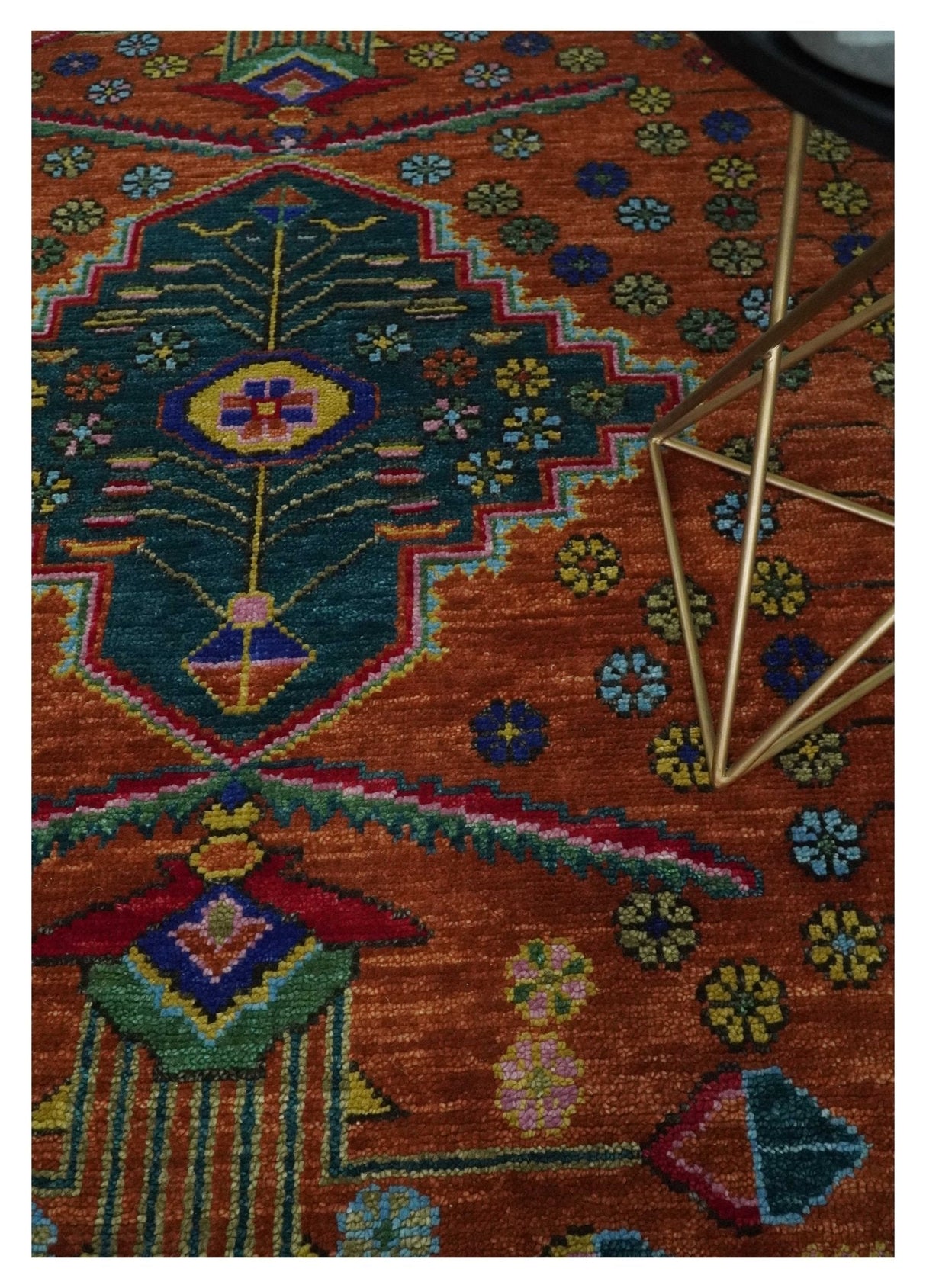 Hand Knotted Rust and Blue Traditional Floral Multi Size Wool Area Rug