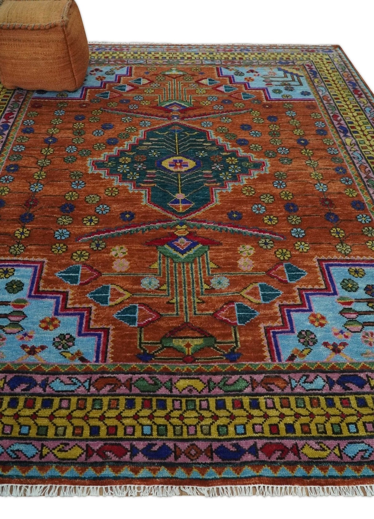 Hand Knotted Rust and Blue Traditional Floral Multi Size Wool Area Rug