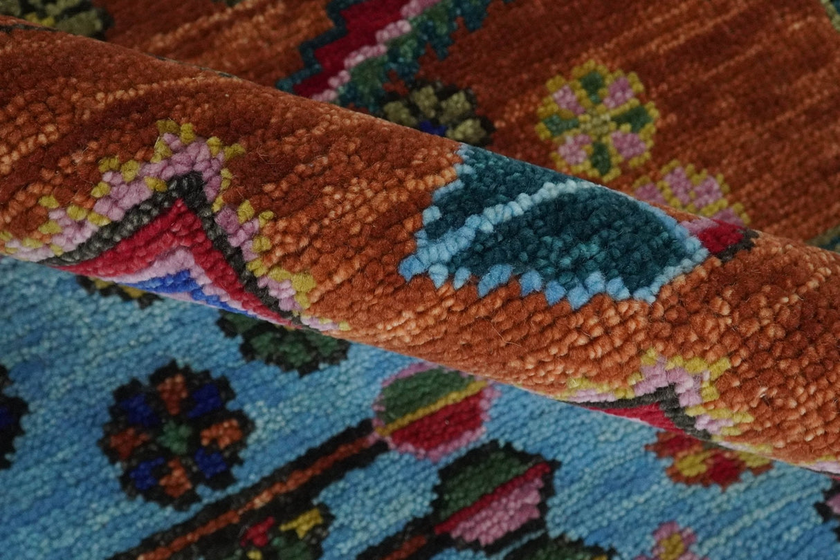 Hand Knotted Rust and Blue Traditional Floral Multi Size Wool Area Rug