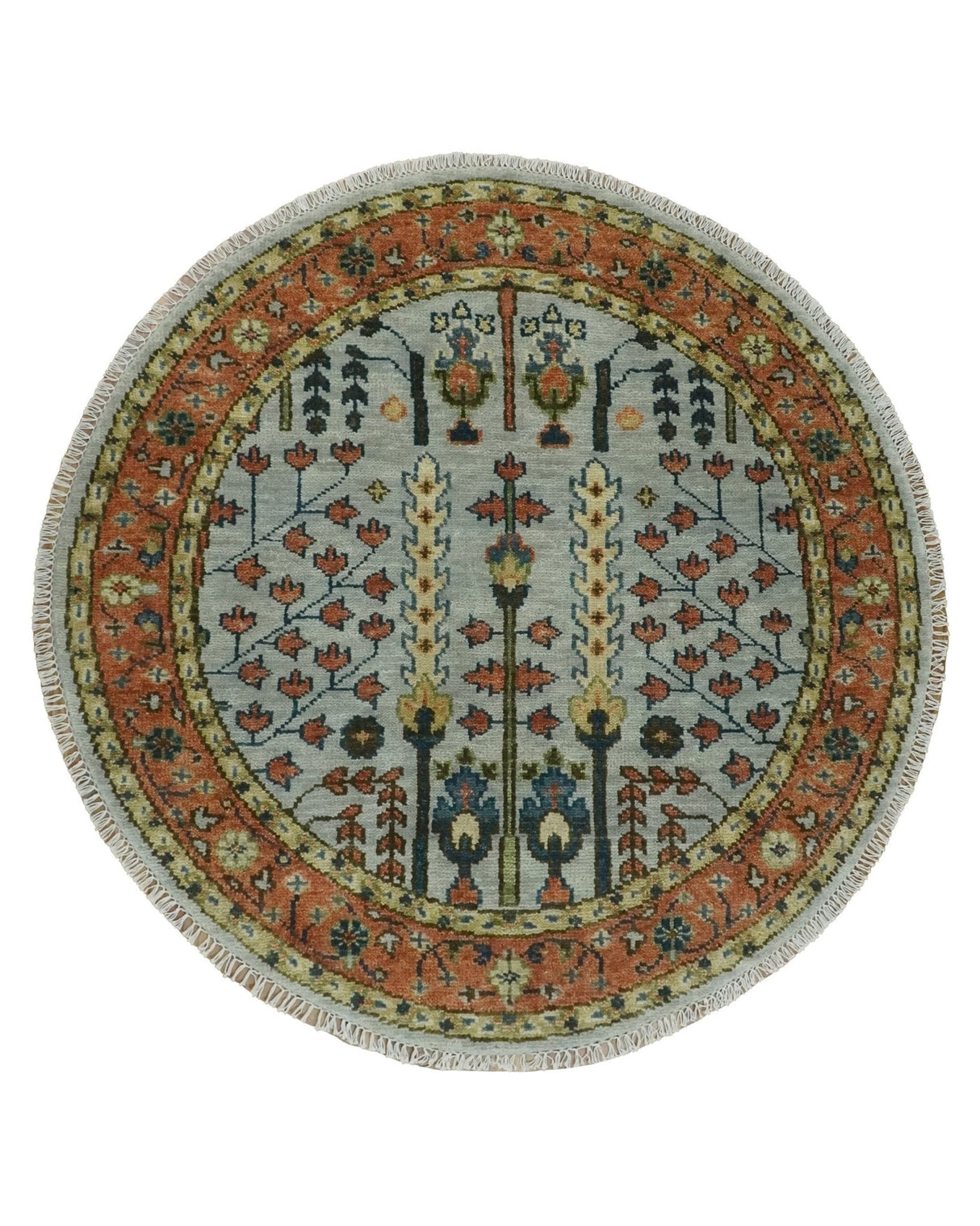 Hand Knotted Rust and Blue Traditional Turkish Tree of Life Multi Size Wool Rug