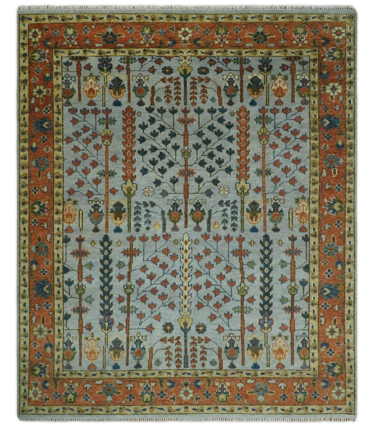 Hand Knotted Rust and Blue Traditional Turkish Tree of Life Multi Size Wool Rug