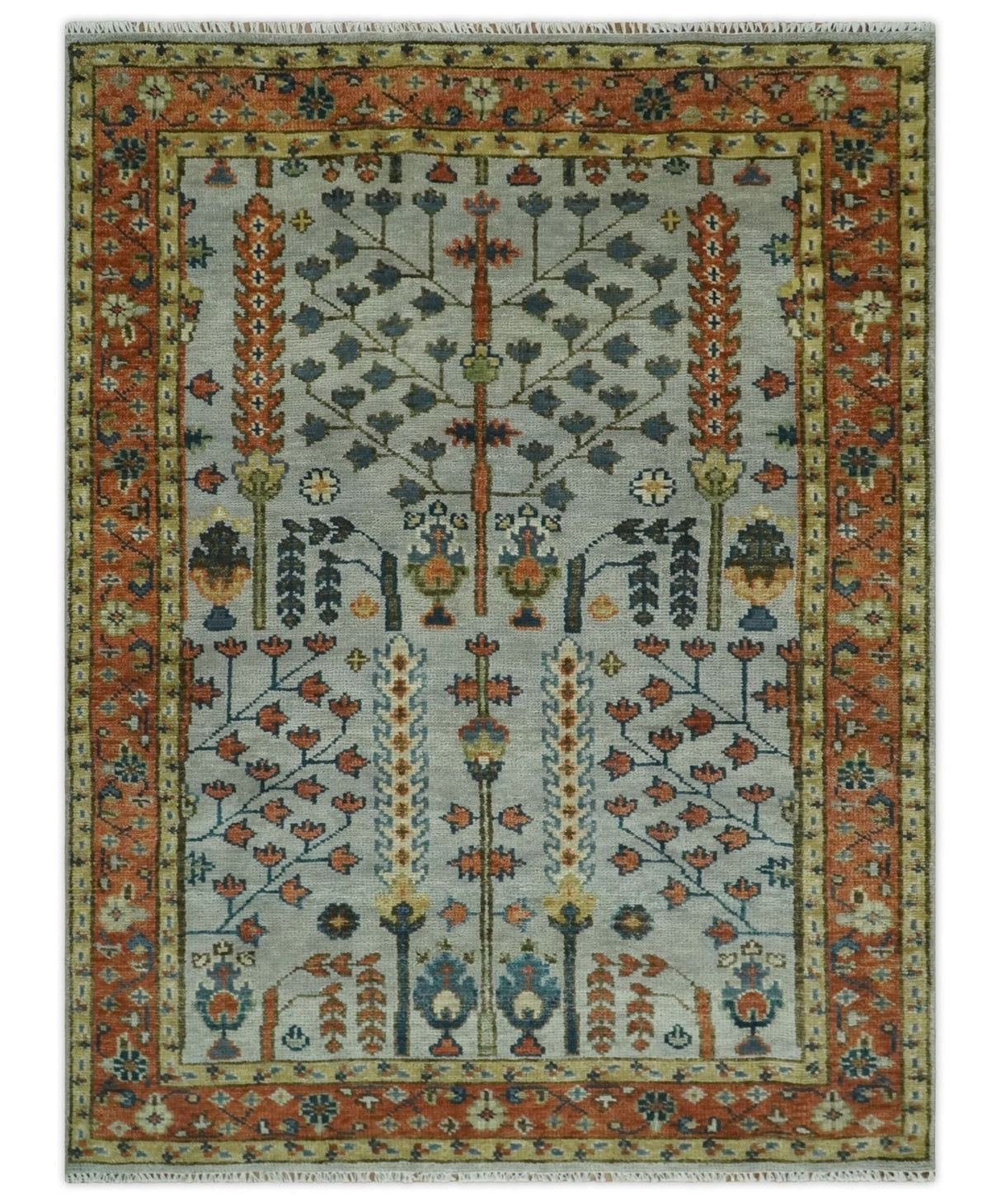 Hand Knotted Rust and Blue Traditional Turkish Tree of Life Multi Size Wool Rug