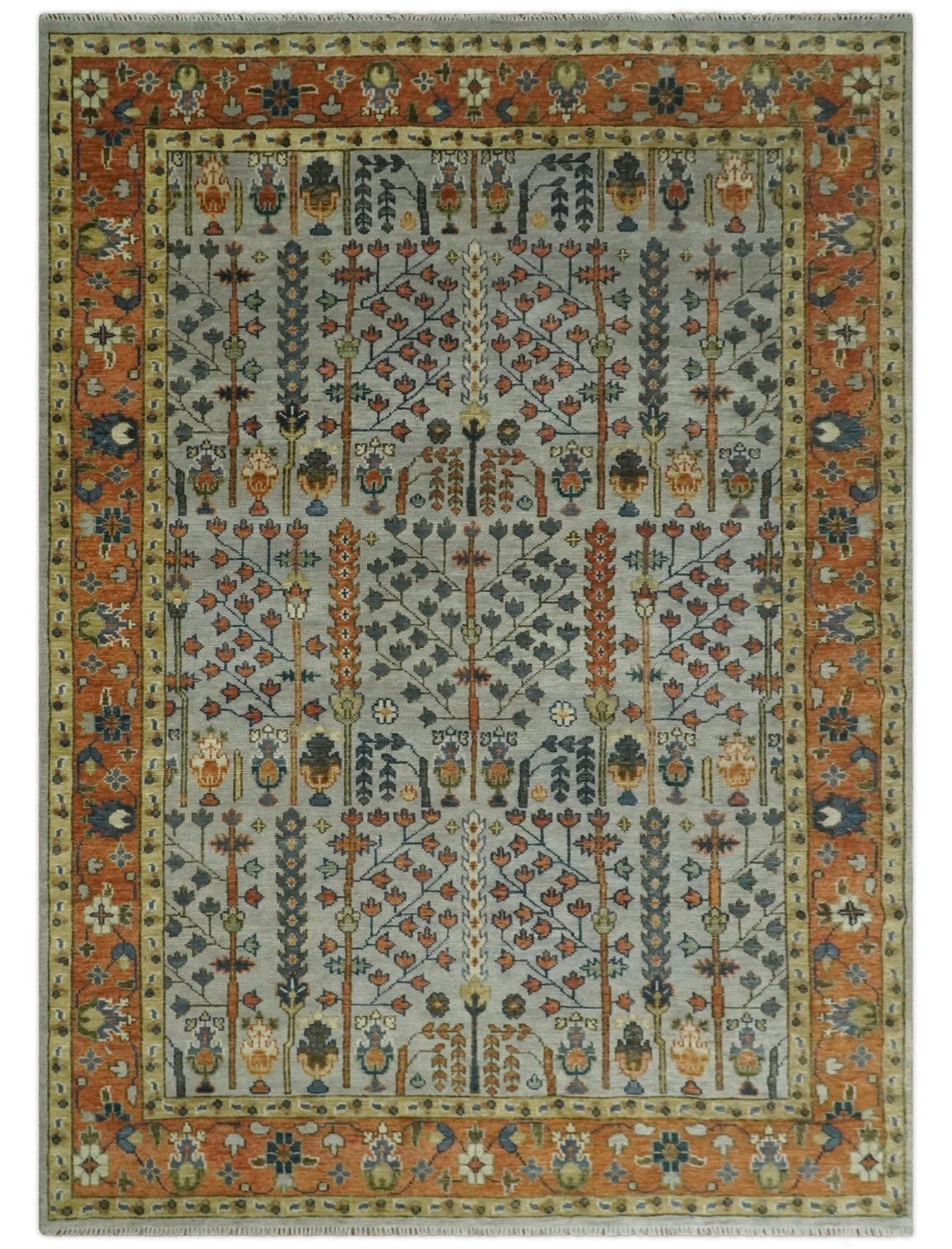 Hand Knotted Rust and Blue Traditional Turkish Tree of Life Multi Size Wool Rug