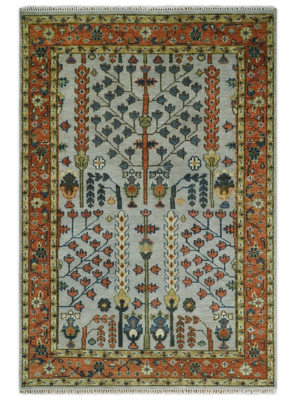 Hand Knotted Rust and Blue Traditional Turkish Tree of Life Multi Size Wool Rug