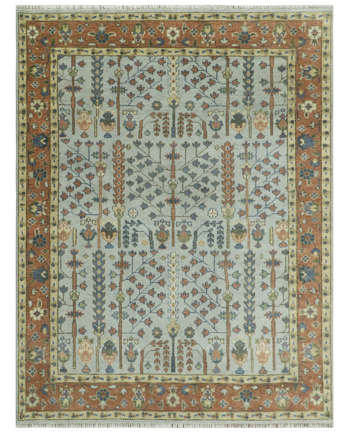 Hand Knotted Rust and Blue Traditional Turkish Tree of Life Multi Size Wool Rug