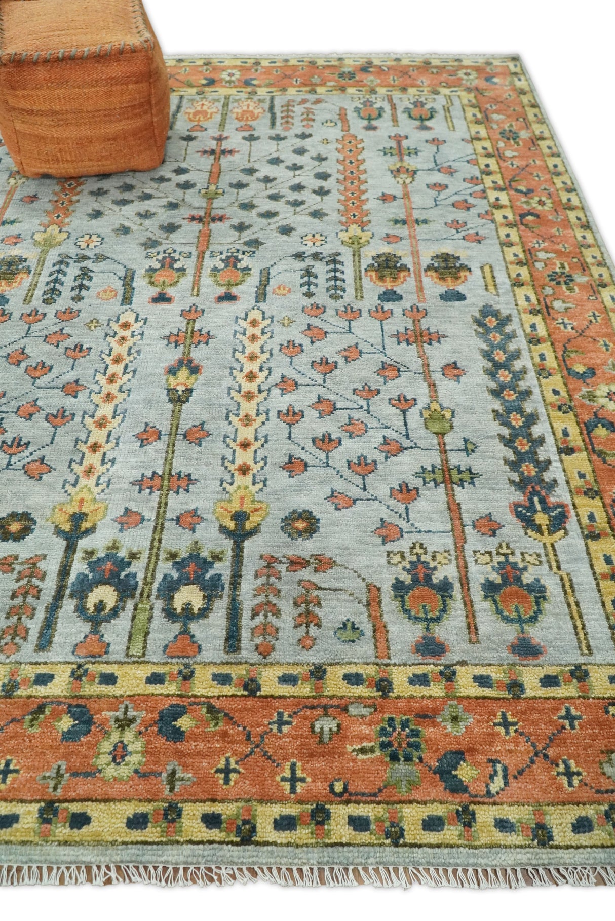 Hand Knotted Rust and Blue Traditional Turkish Tree of Life Multi Size Wool Rug