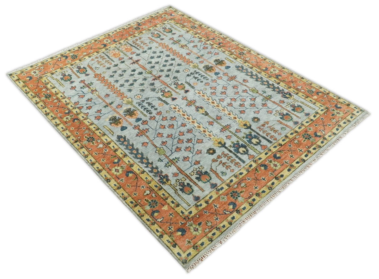 Hand Knotted Rust and Blue Traditional Turkish Tree of Life Multi Size Wool Rug