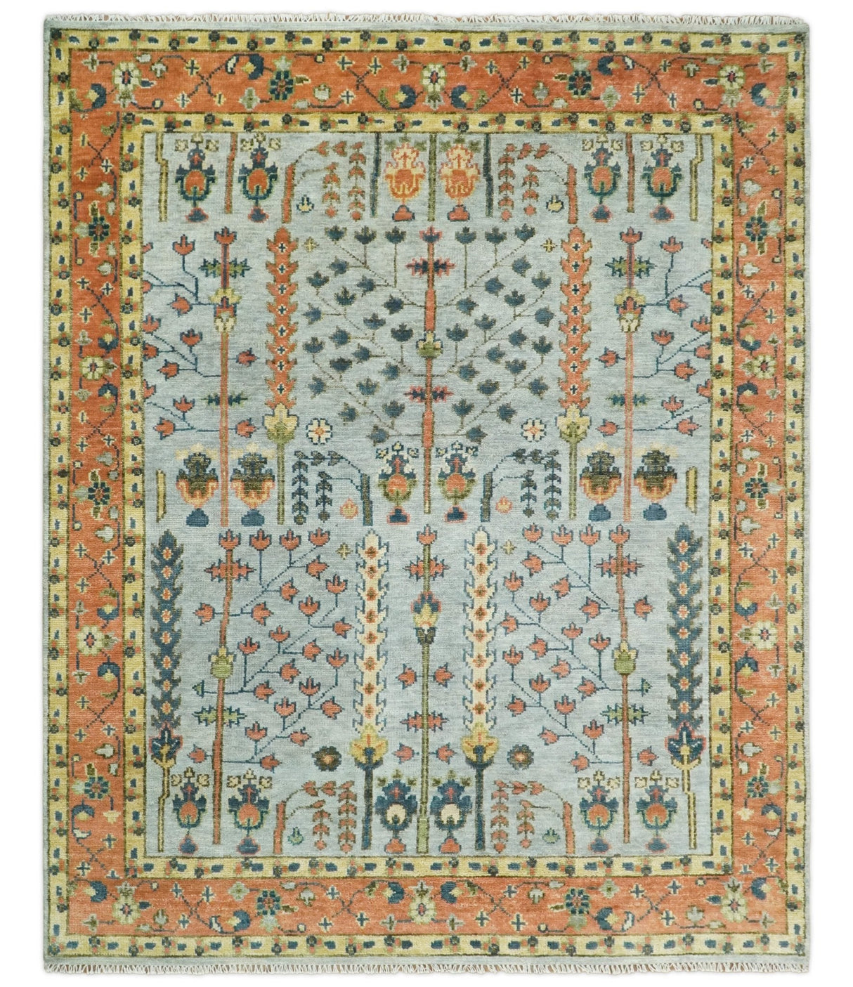 Hand Knotted Rust and Blue Traditional Turkish Tree of Life Multi Size Wool Rug