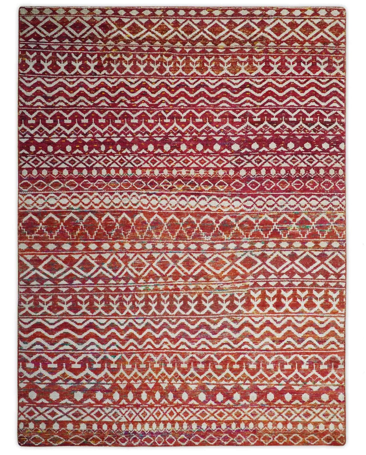 Hand Knotted Rust and Ivory Contemporary Southwestern Tribal Trellis Recycled Silk Rug