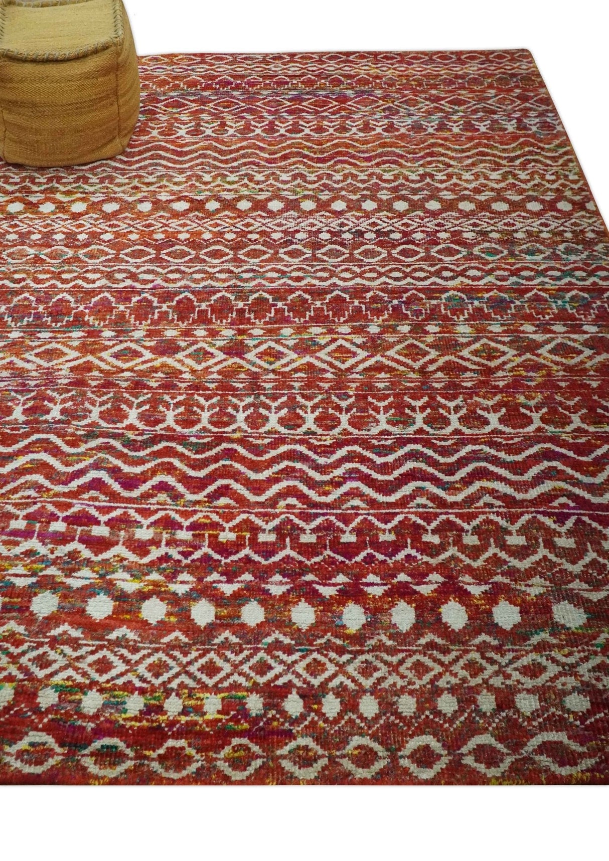 Hand Knotted Rust and Ivory Contemporary Southwestern Tribal Trellis Recycled Silk Rug