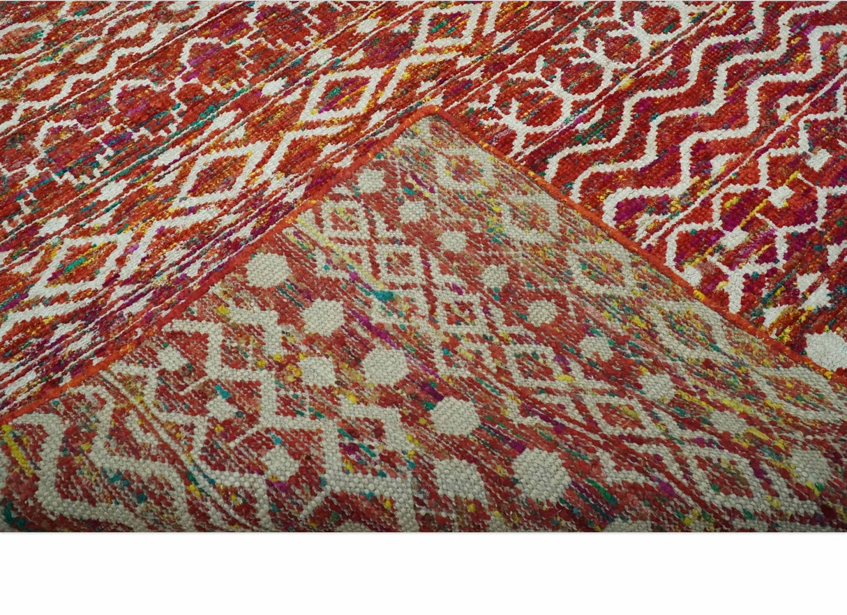 Hand Knotted Rust and Ivory Contemporary Southwestern Tribal Trellis Recycled Silk Rug