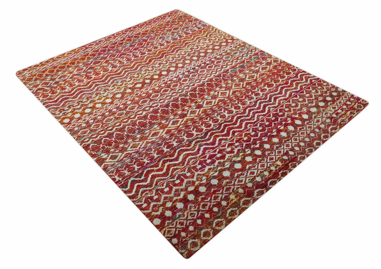 Hand Knotted Rust and Ivory Contemporary Southwestern Tribal Trellis Recycled Silk Rug