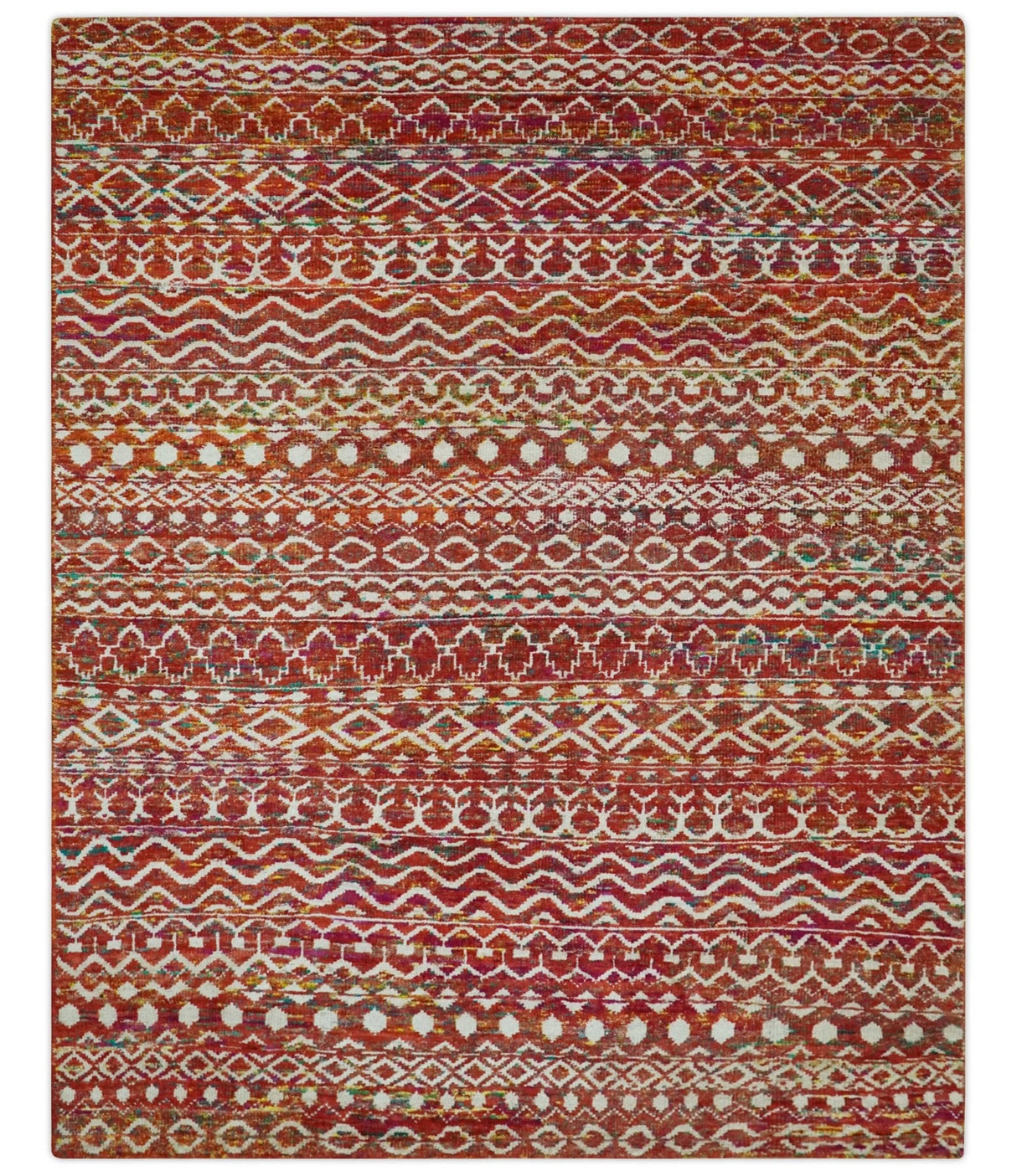 Hand Knotted Rust and Ivory Contemporary Southwestern Tribal Trellis Recycled Silk Rug
