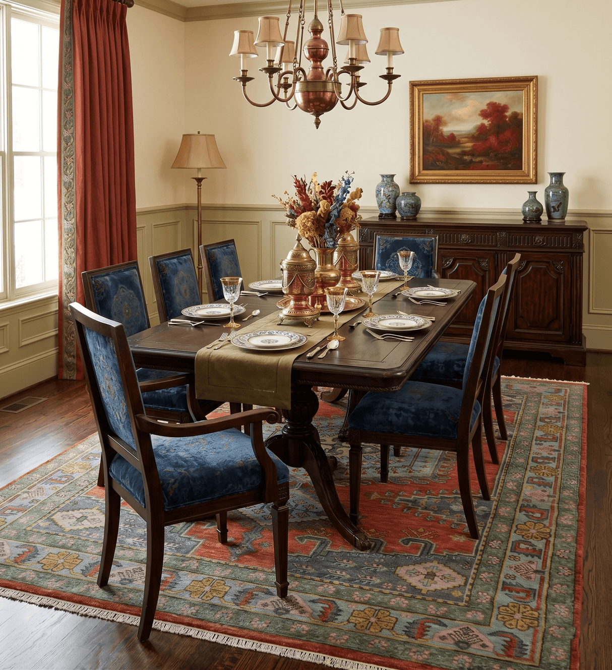 Hand Knotted Rust, Blue and Olive Traditional Antique Wool Rug