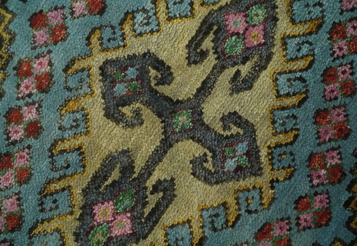 Hand Knotted Rust, Blue and Olive Traditional Antique Wool Rug