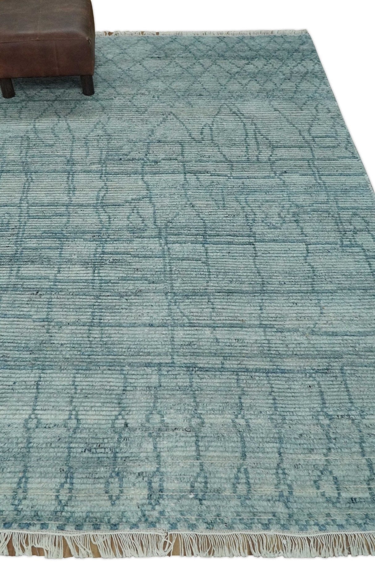 Hand Knotted Silver and Blue Modern Trellis Moroccan Blended Wool Rug