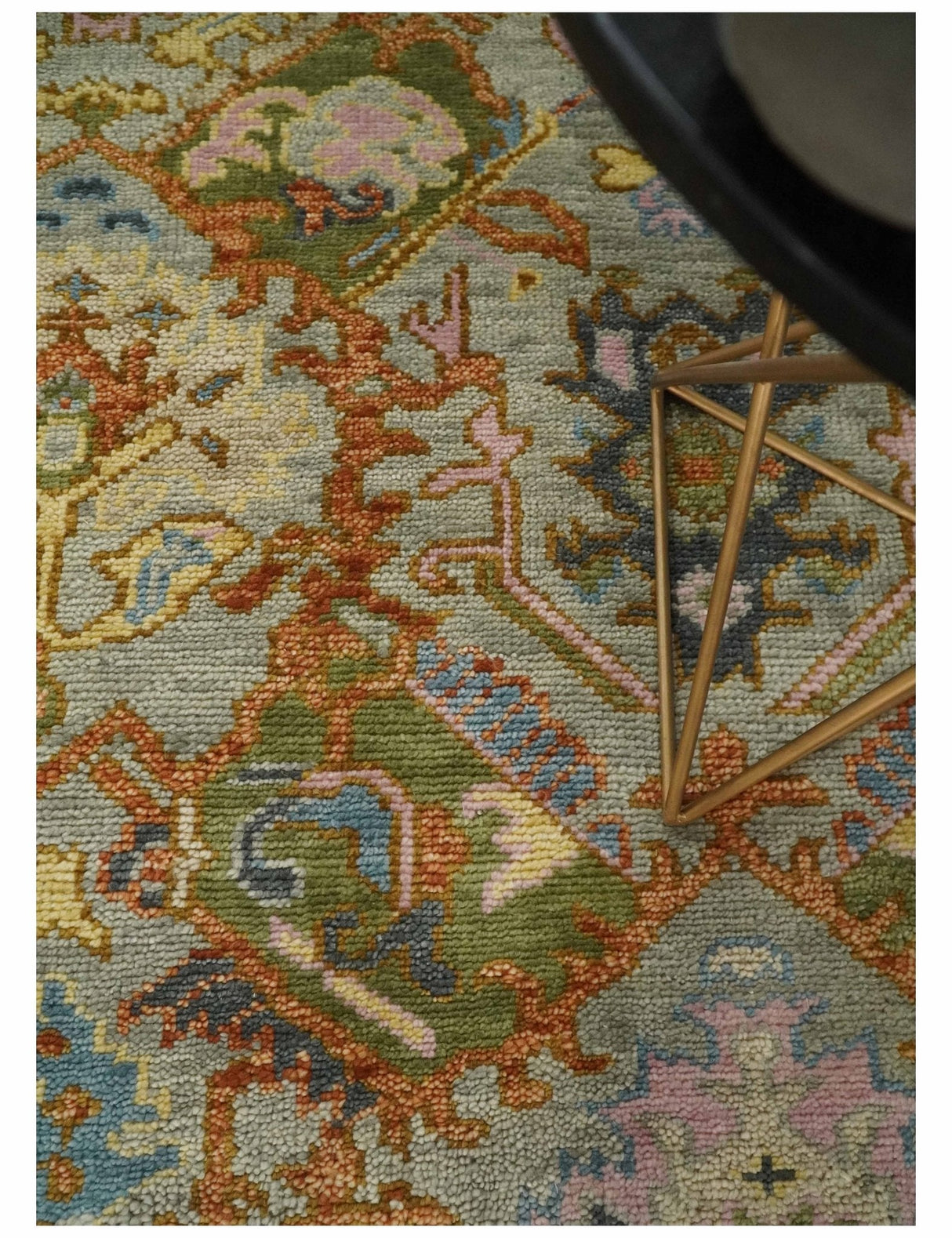 Hand knotted Silver, Rust and Pink Traditional Antique Moss green Oushak Area Rug
