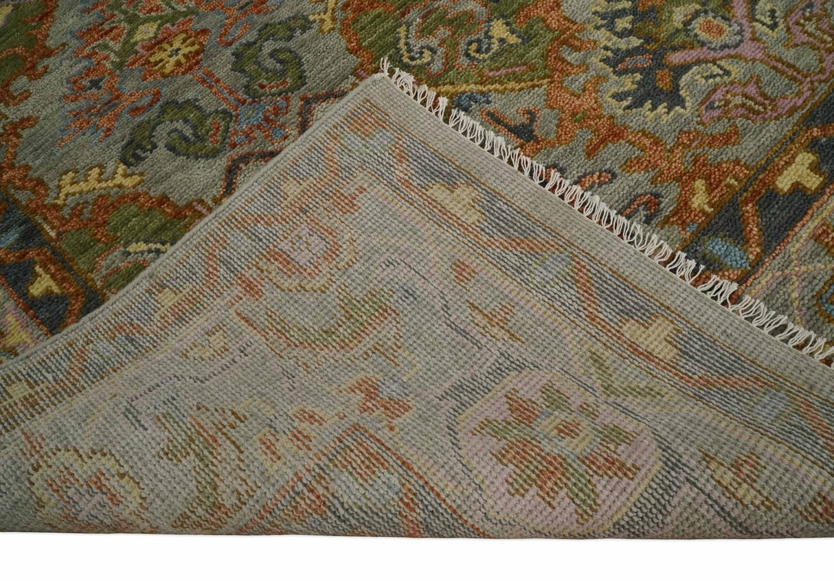 Hand knotted Silver, Rust and Pink Traditional Antique Moss green Oushak Area Rug
