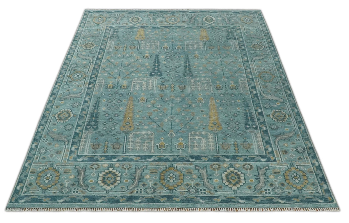 Hand Knotted Teal and Beige Multi Size Traditional Turkish Tree of Life Wool Rug