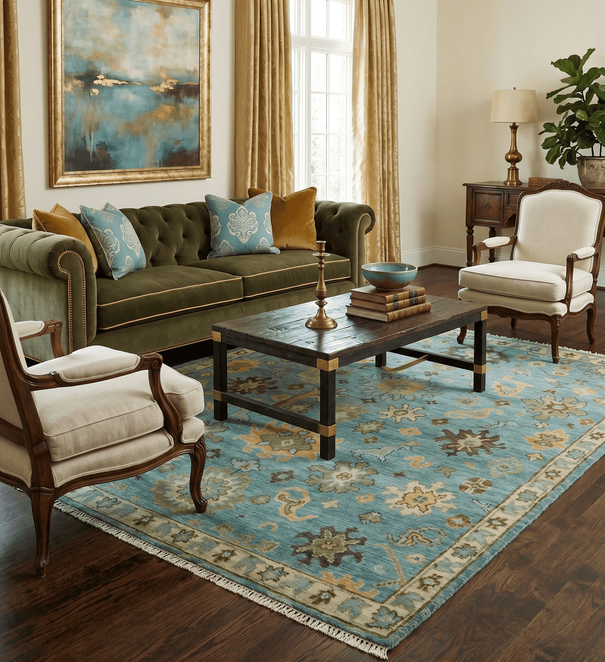 Hand Knotted Teal and Gold Traditional Oushak Multi Size Wool Area Rug