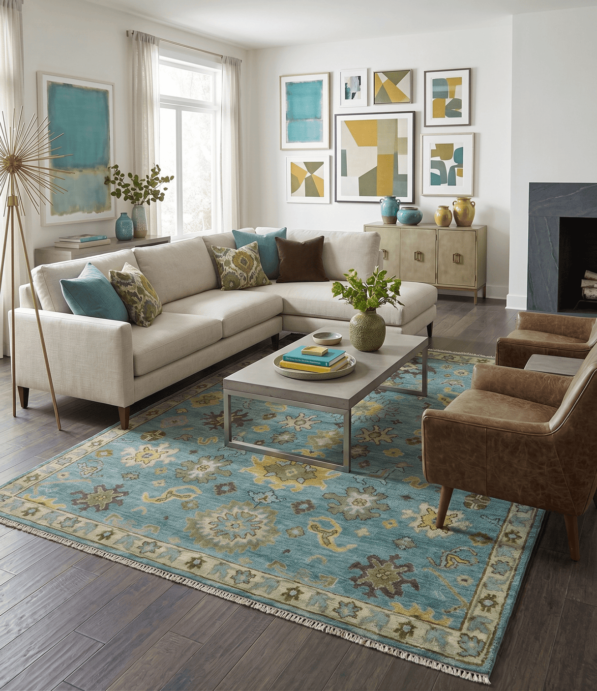 Hand Knotted Teal and Gold Traditional Oushak Multi Size Wool Area Rug