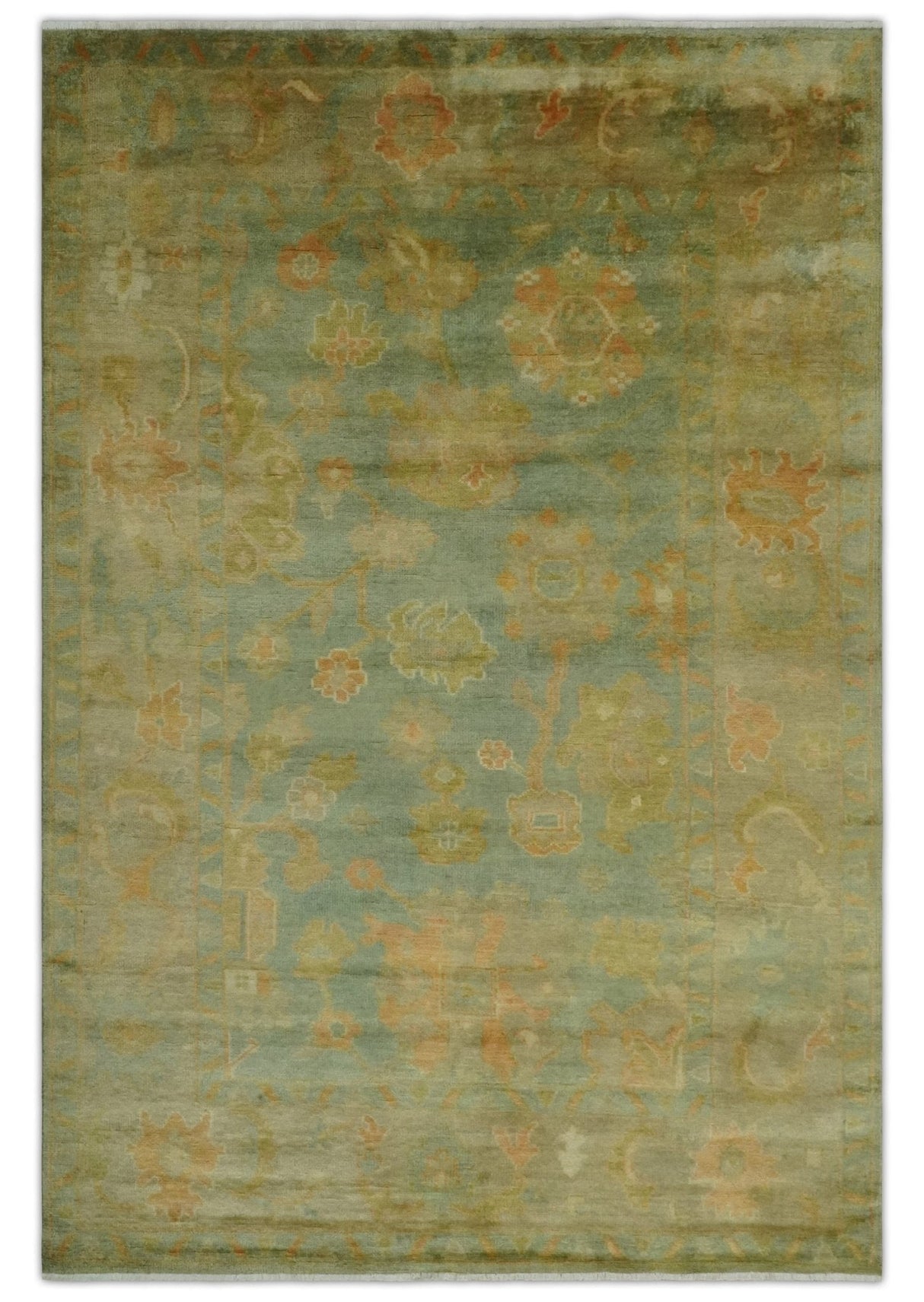 Hand Knotted Teal, Beige and Rust Vintage Style Traditional Wool Area Rug